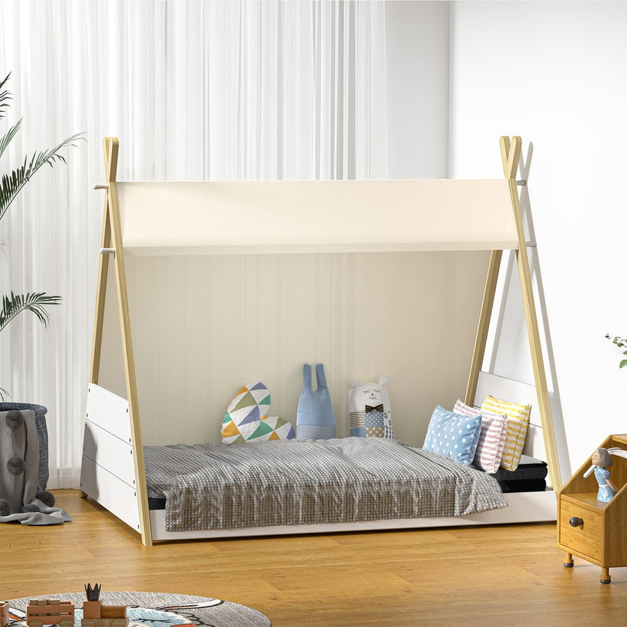 Oikiture Kids Bed Frame and Mattress Single House Teepee Triangle Beds, image 3