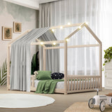 Oikiture Kids Wooden Bed Frame Double Size House Platform Natural