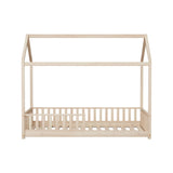 Oikiture Kids Wooden Bed Frame Double Size House Platform Natural - Low Angle