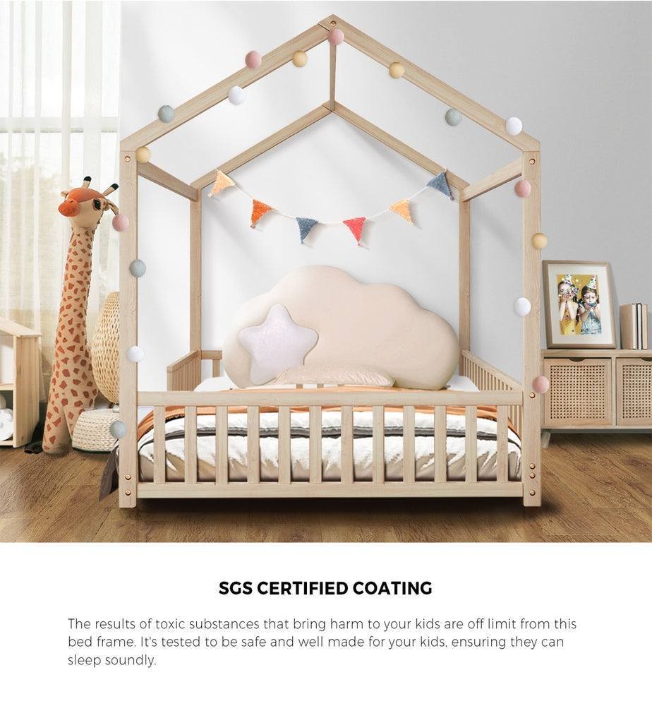 Oikiture Kids Wooden Bed Frame Double Size House Platform Natural