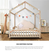 Oikiture Kids Wooden Bed Frame Double Size House Platform Natural - 45-Degree Angle