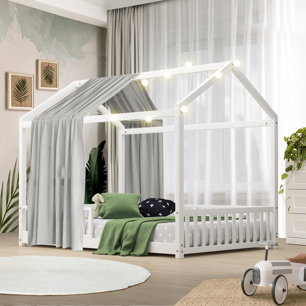 Oikiture Kids Wooden Bed Frame House Beds Platform Double White Timber Pine