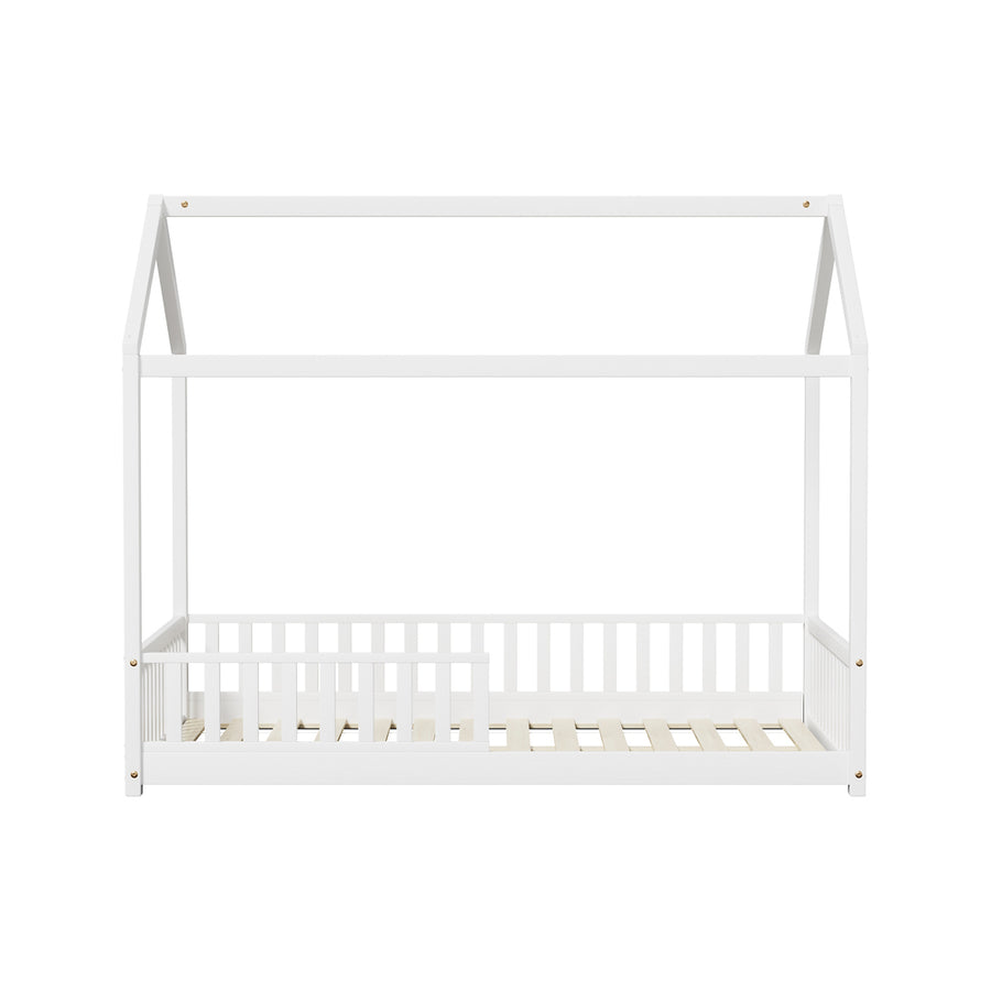Oikiture Kids Wooden Bed Frame House Beds Platform Double White Timber Pine