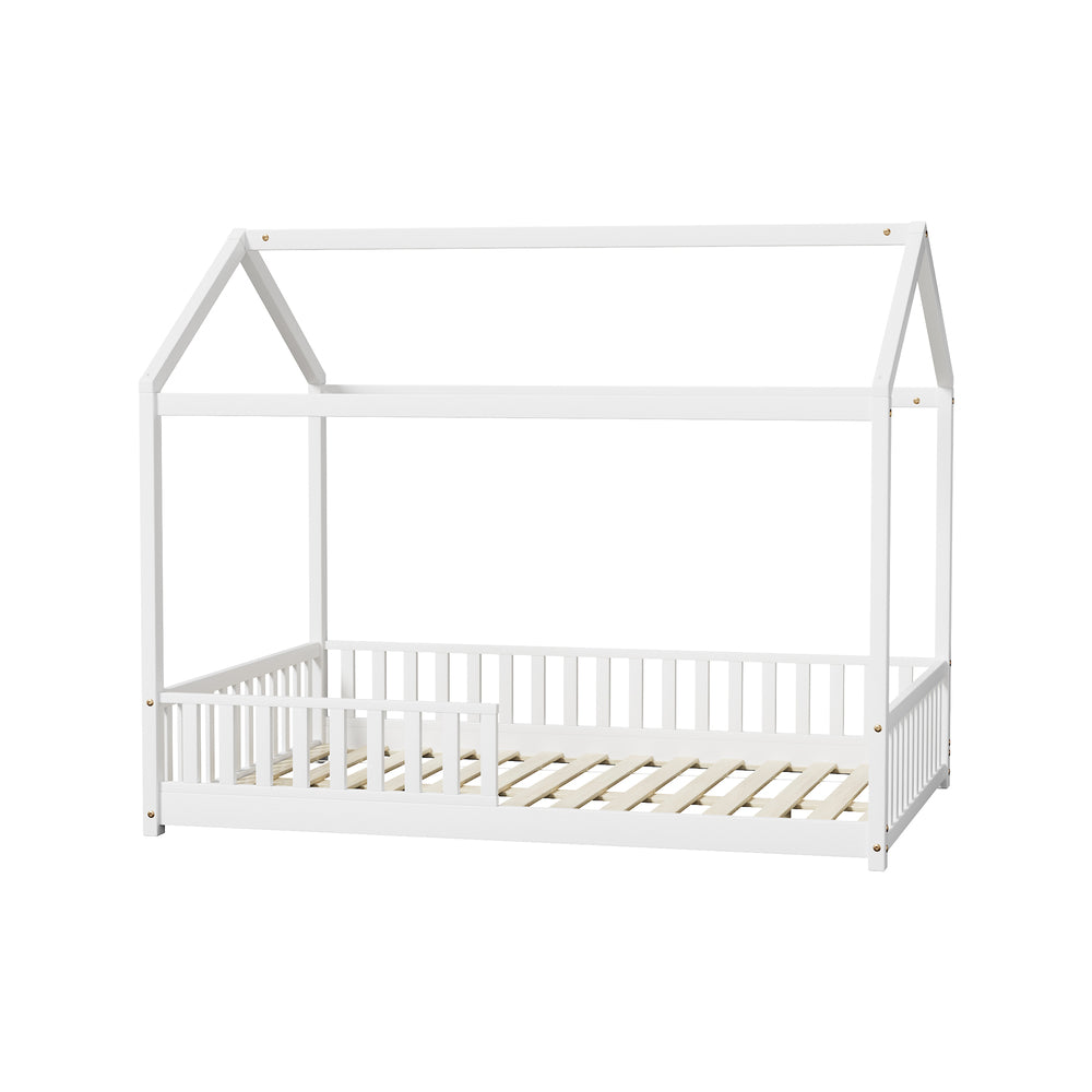 Oikiture Kids Wooden Bed Frame House Beds Platform Double White Timber Pine