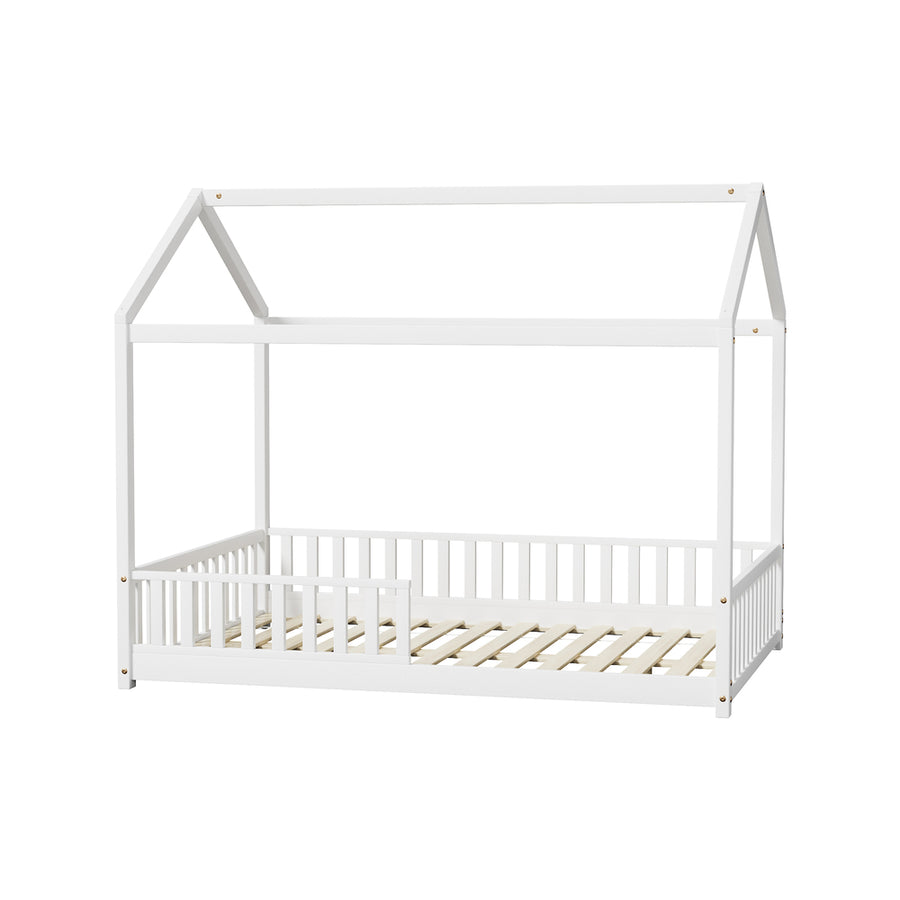 Oikiture Kids Wooden Bed Frame House Beds Platform Double White Timber Pine