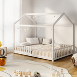 Oikiture Kids Wooden Bed Frame House Beds Platform Double White Timber Pine - Side View