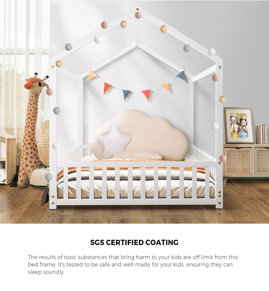 Oikiture Kids Wooden Bed Frame House Beds Platform Double White Timber Pine