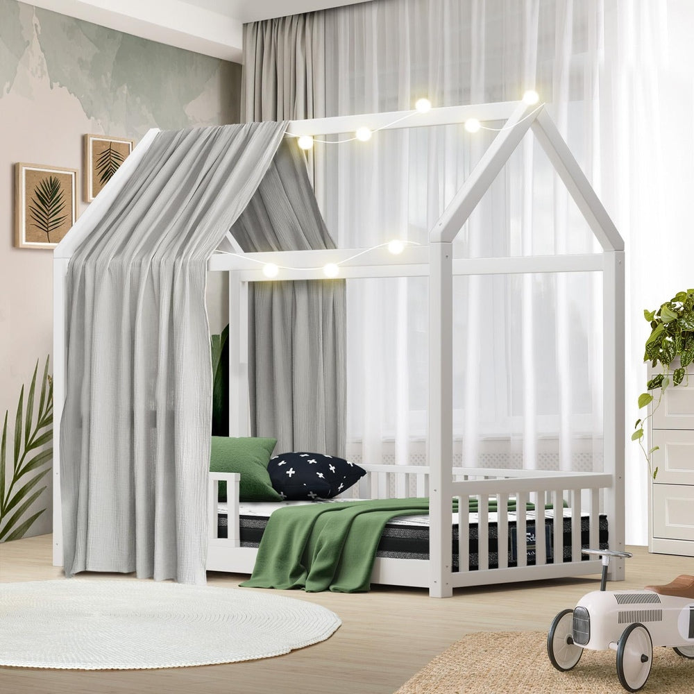 Oikiture Kids Bed Frame With Single Mattress House Frame White