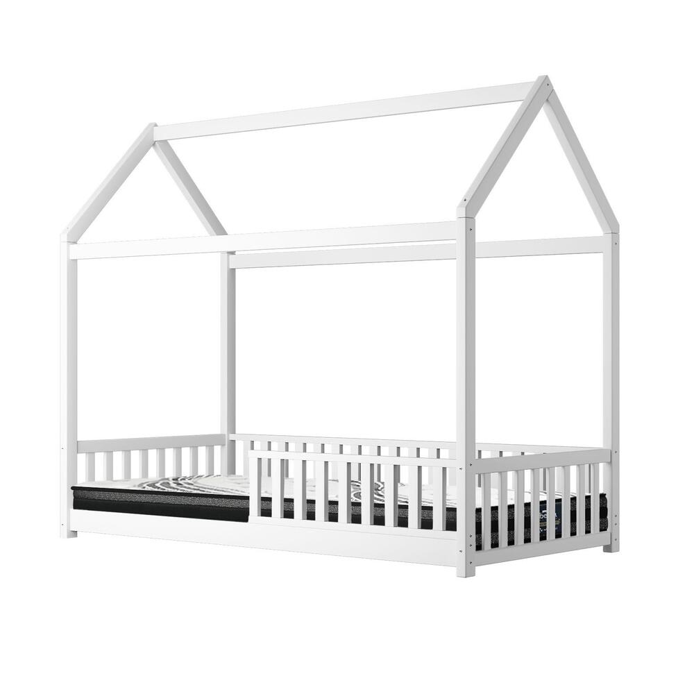 Oikiture Kids Bed Frame With Single Mattress House Frame White