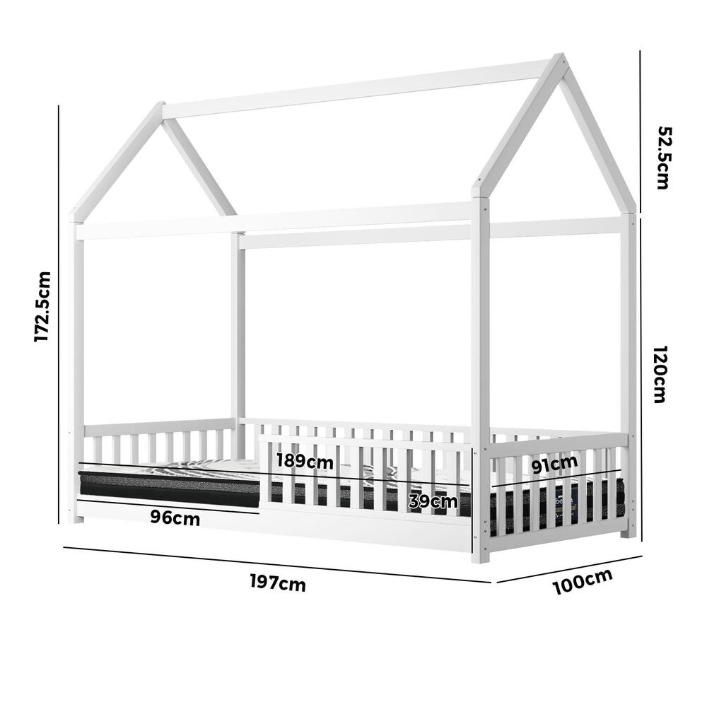 Oikiture Kids Bed Frame With Single Mattress House Frame White