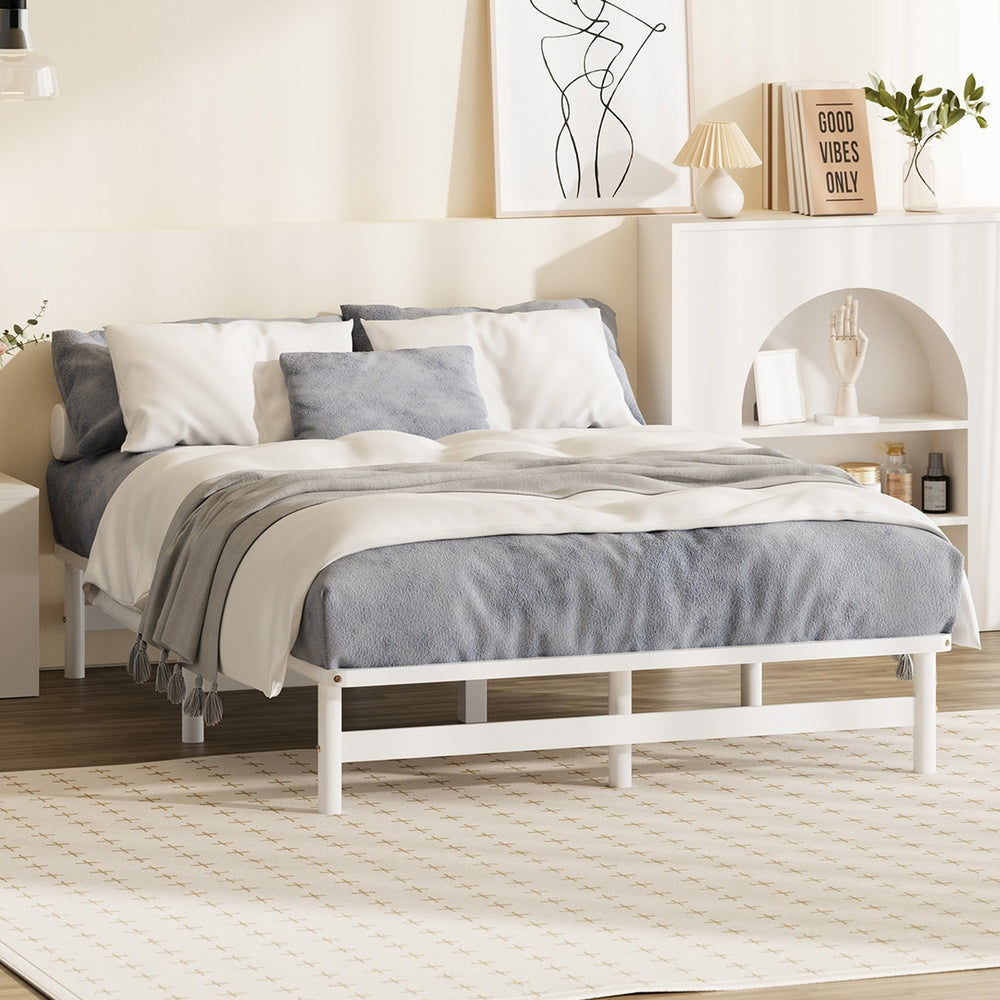 Oikiture Double Wooden Bed Frame Solid Pine Timber White
