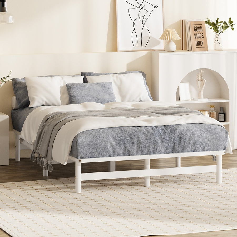Oikiture Double Wooden Bed Frame Solid Pine Timber White, image 5
