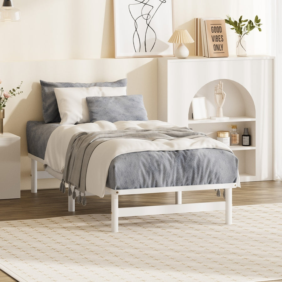 Oikiture Wooden Bed Frame Single Size Solid Pine Timber White, image 3