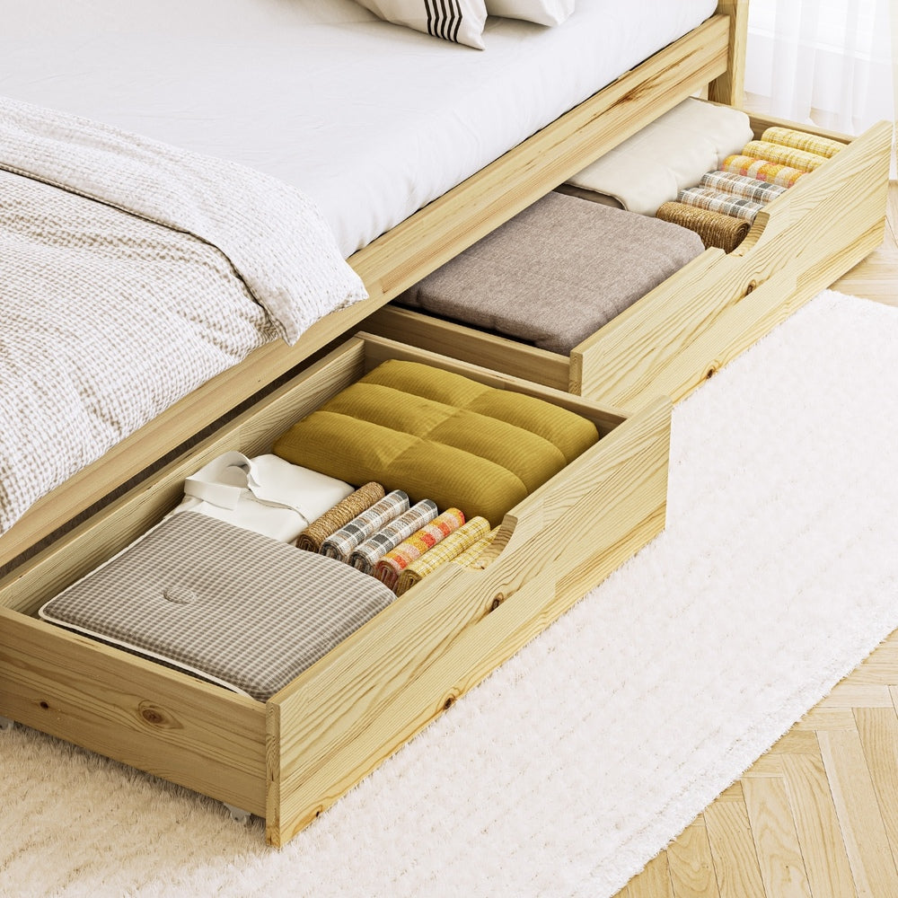 Oikiture 2x Trundle Drawers for Bed Frame with Wheels Wooden