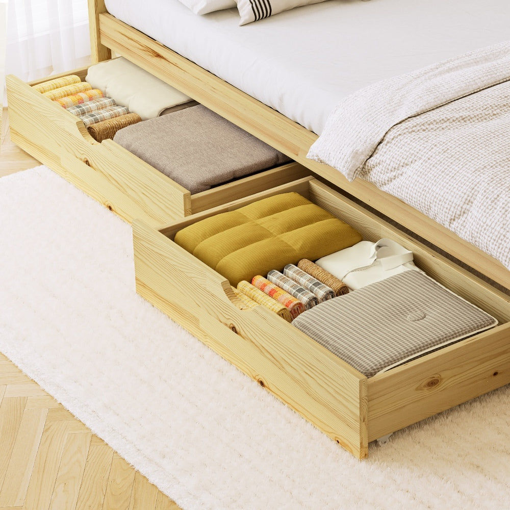 Oikiture 2x Trundle Drawers for Bed Frame with Wheels Wooden