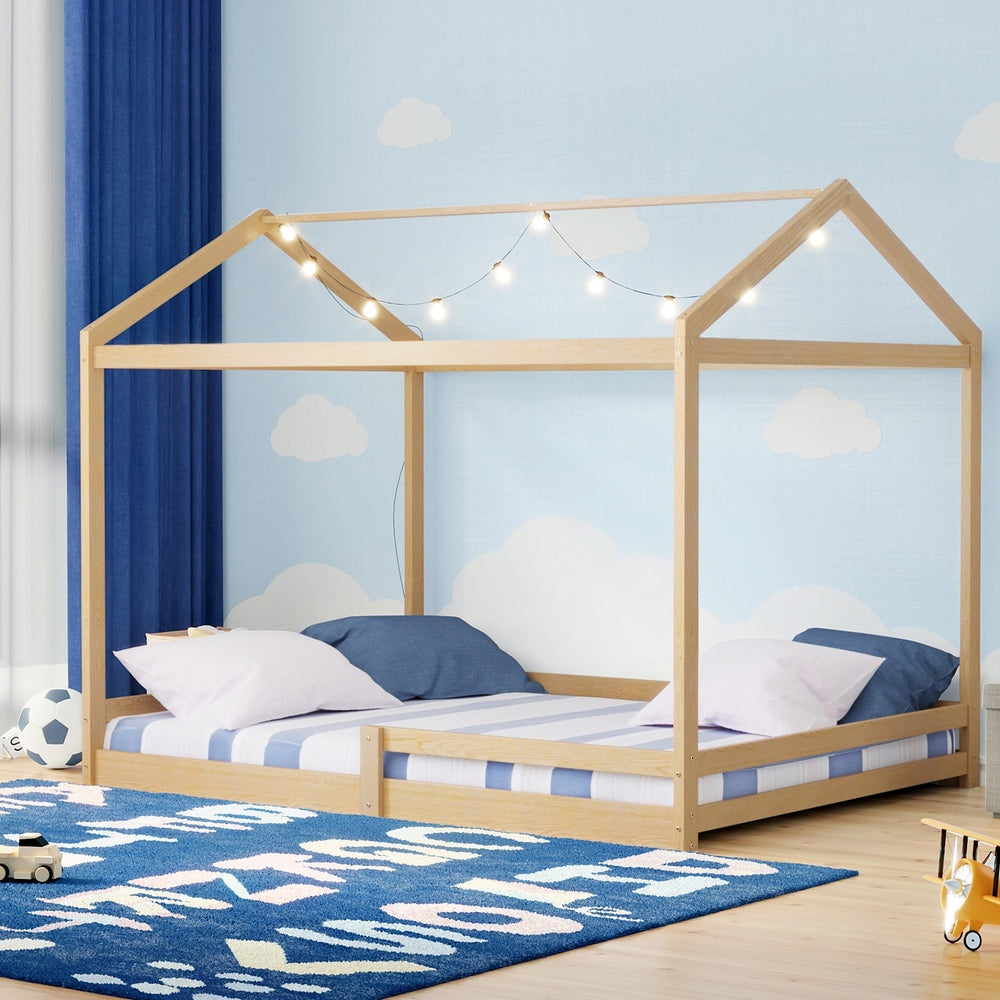 Oikiture Double Kids Wooden Bed Frame House Beds with Fence Natural