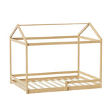 Oikiture Double Kids Wooden Bed Frame House Beds with Fence Natural