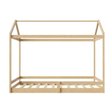 Oikiture Double Kids Wooden Bed Frame House Beds with Fence Natural - Front View