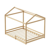 Oikiture Double Kids Wooden Bed Frame House Beds with Fence Natural - Rear View