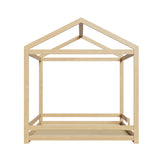 Oikiture Double Kids Wooden Bed Frame House Beds with Fence Natural
