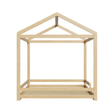 Oikiture Double Kids Wooden Bed Frame House Beds with Fence Natural - Close-Up Angle