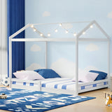 Oikiture Kids Wooden Bed Frame House Base with Fence Double White - 45-Degree Angle