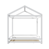 Oikiture Kids Wooden Bed Frame House Base with Fence Double White - Front View