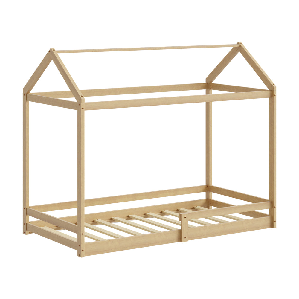 Oikiture Kids Wooden Bed Frame House Frame Timber with Fence Single Natural