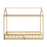 Oikiture Kids Wooden Bed Frame House Frame Timber with Fence Single Natural