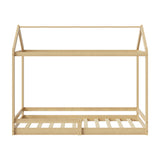 Oikiture Kids Wooden Bed Frame House Frame Timber with Fence Single Natural - Side View
