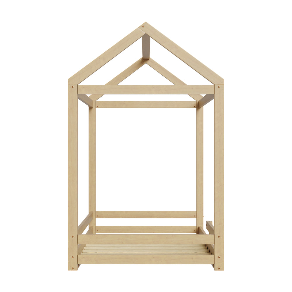 Oikiture Kids Wooden Bed Frame House Frame Timber with Fence Single Natural