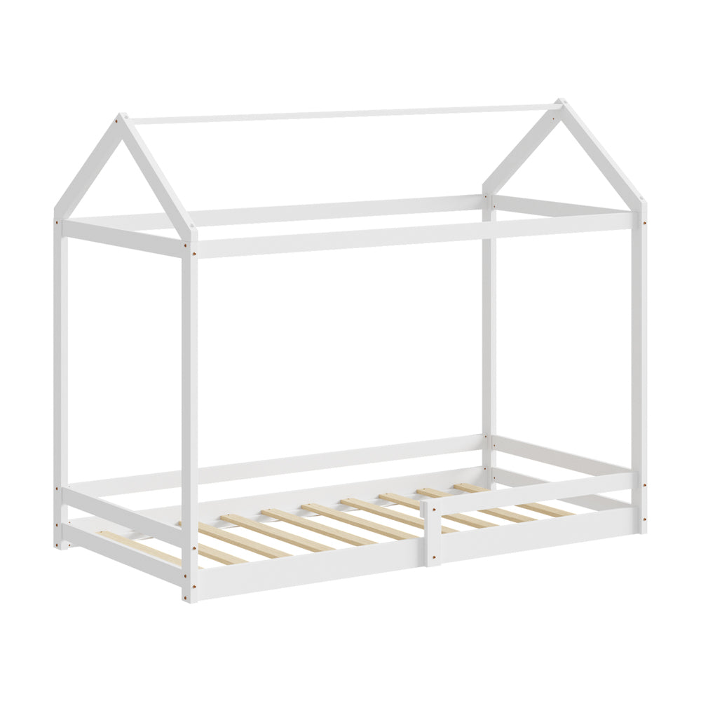Oikiture Kids Wooden Bed Frame House Frame Timber with Fence Single White
