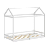 Oikiture Kids Wooden Bed Frame House Frame Timber with Fence Single White