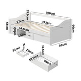 Oikiture Single Kids Bed Frame with Trundle Storage Drawers Timber White