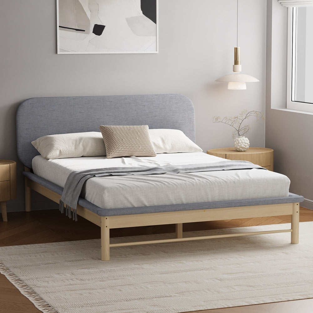 Oikiture Wooden Bed Frame with Padded Fabric Edges Headboard Queen Size
