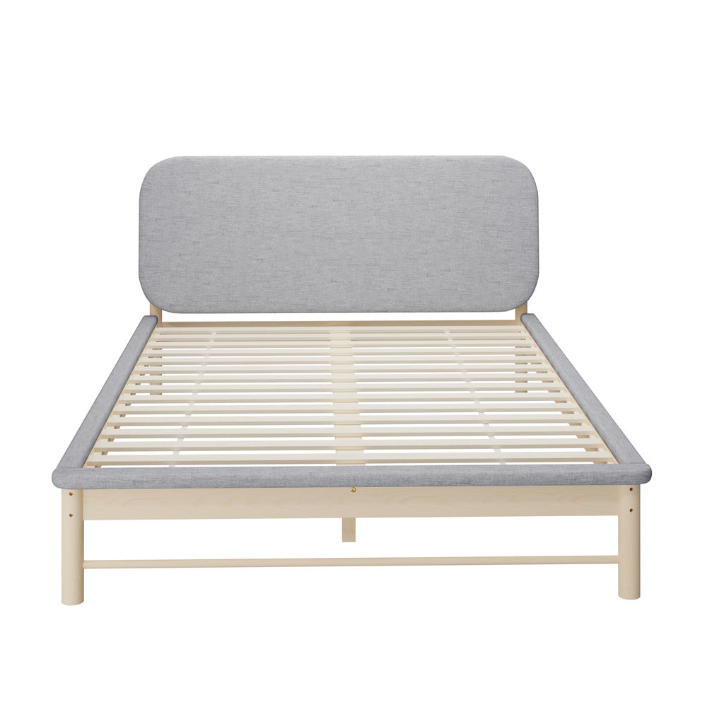 Oikiture Wooden Bed Frame with Padded Fabric Edges Headboard Queen Size