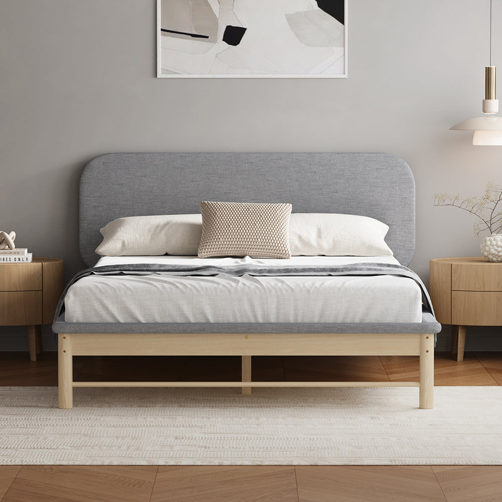 Oikiture Wooden Bed Frame with Padded Fabric Edges Headboard Queen Size