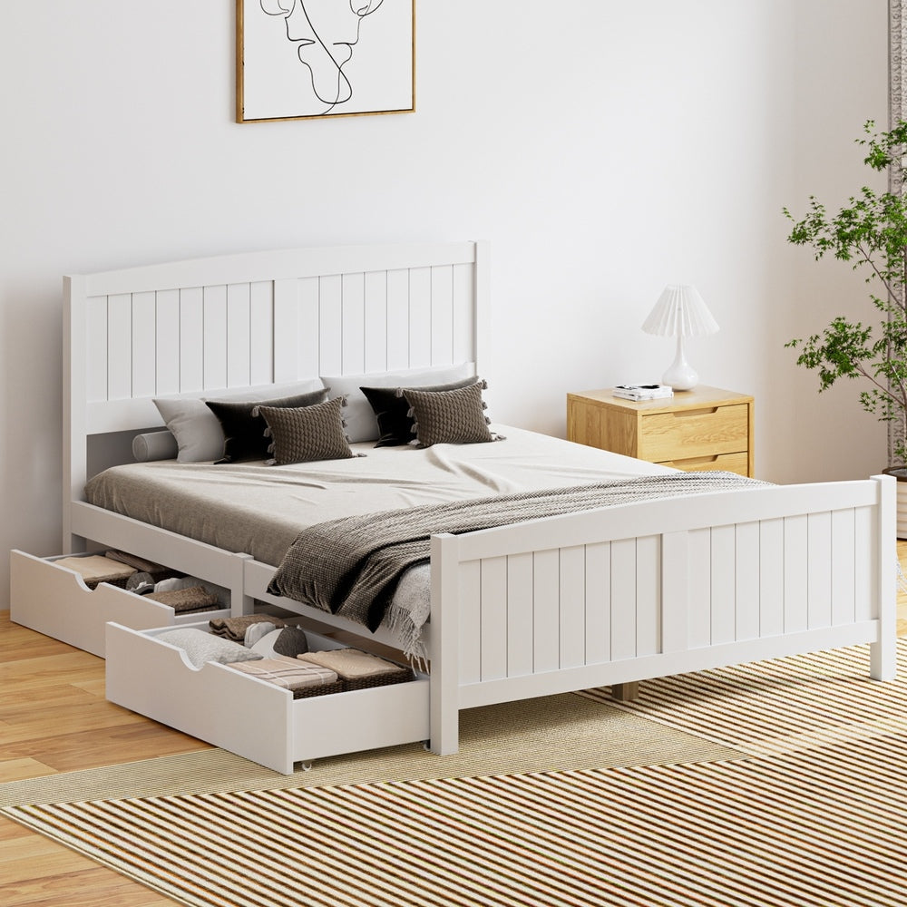 Oikiture Wooden Bed Frame Double Size with Trundle Drawers White