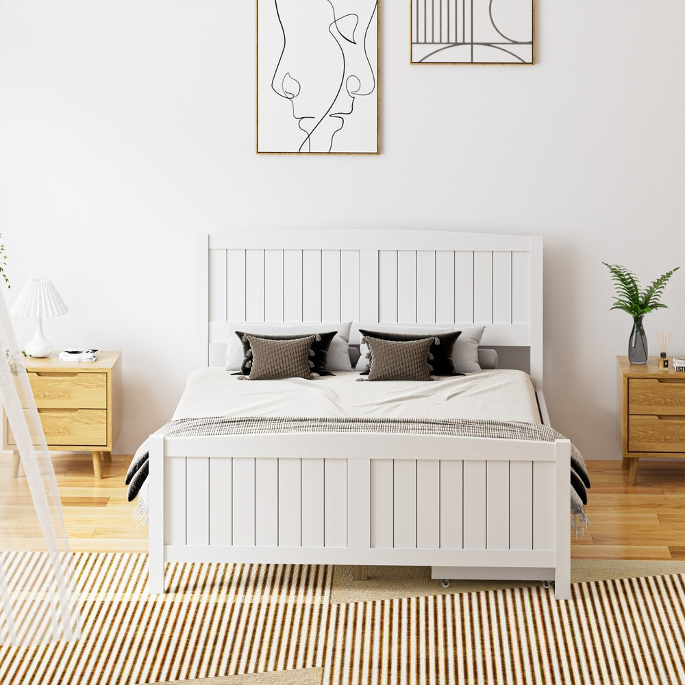 Oikiture Wooden Bed Frame Double Size with Trundle Drawers White