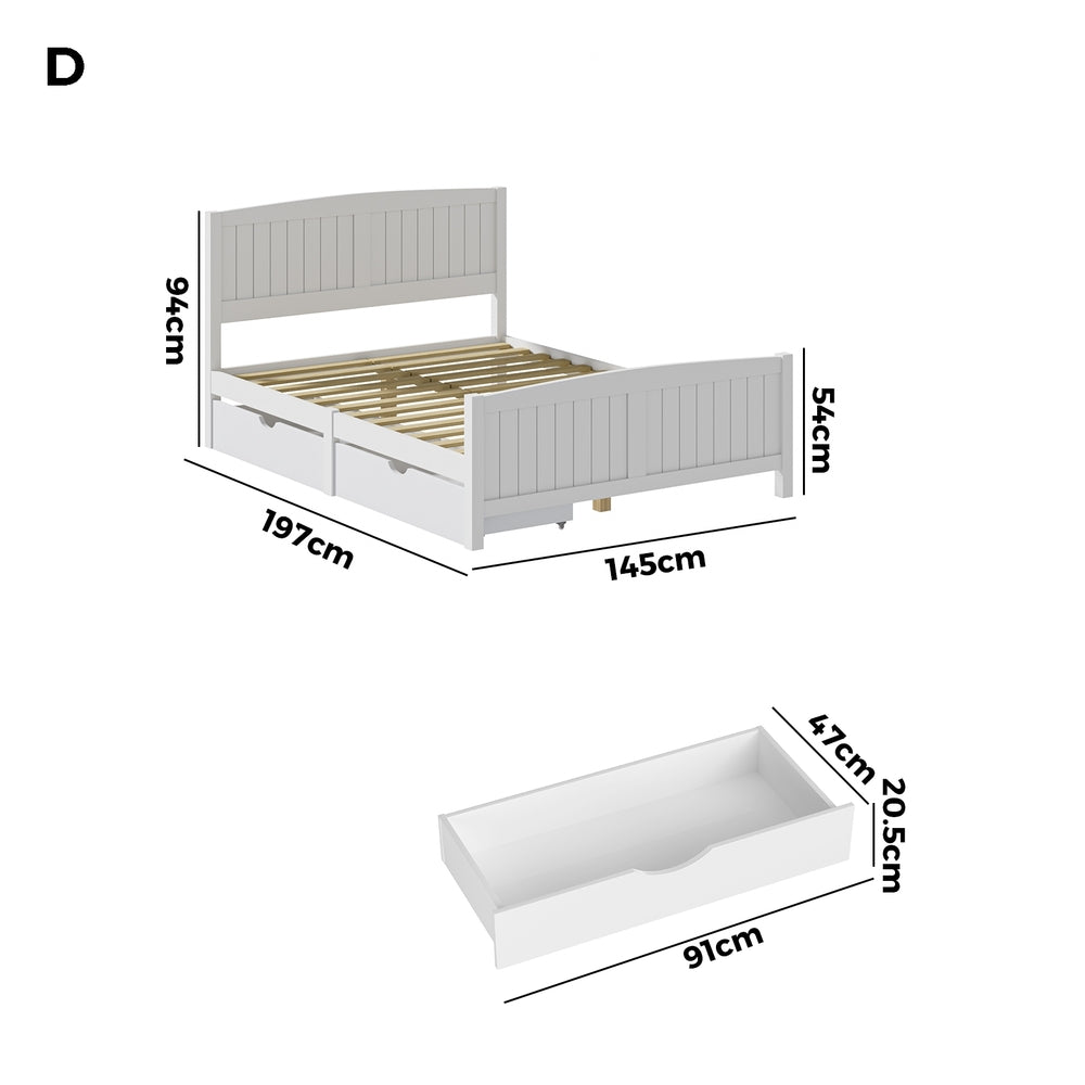 Oikiture Wooden Bed Frame Double Size with Trundle Drawers White