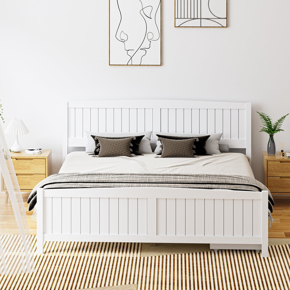 Oikiture Wooden Bed Frame King Size with Trundle Drawers White