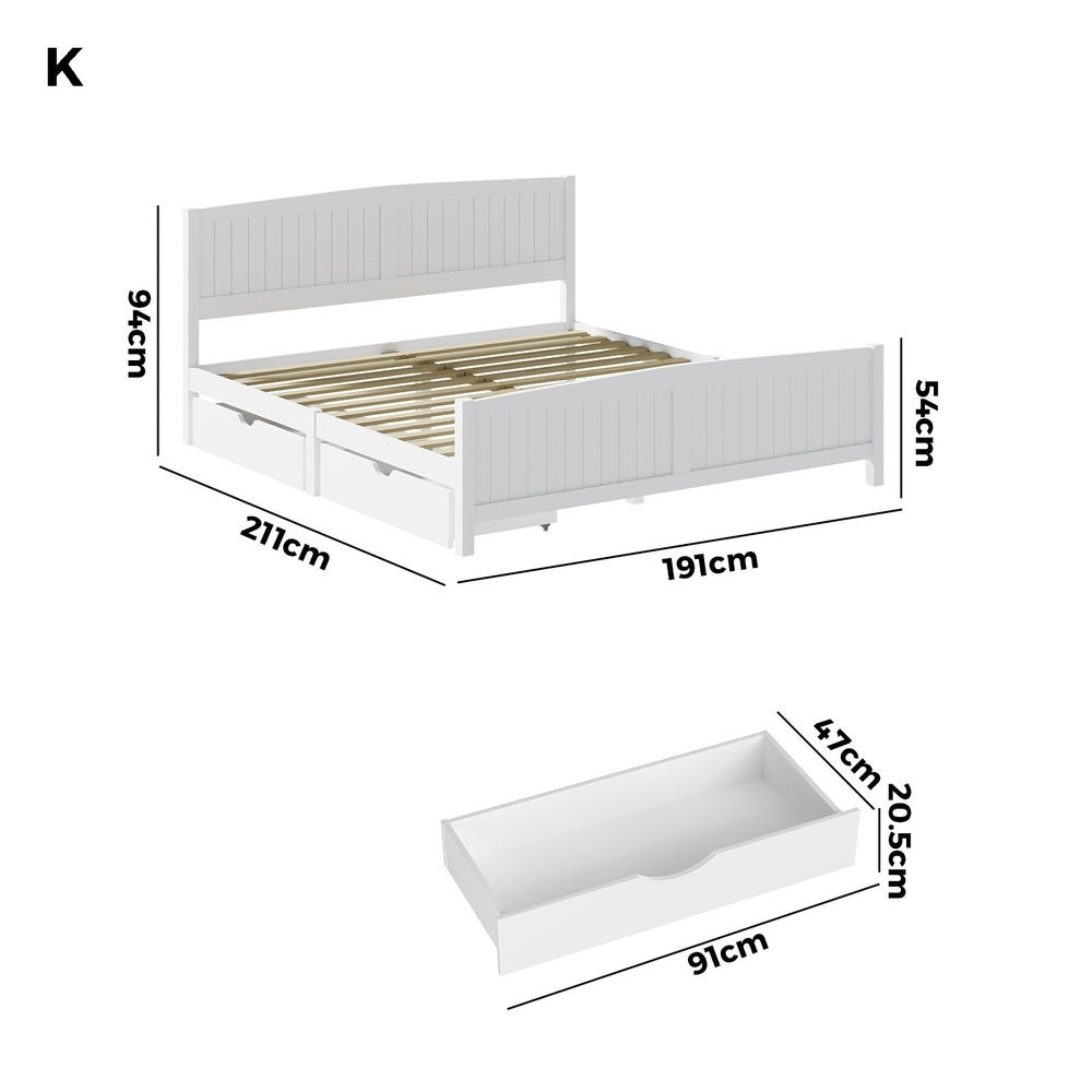 Oikiture Wooden Bed Frame King Size with Trundle Drawers White