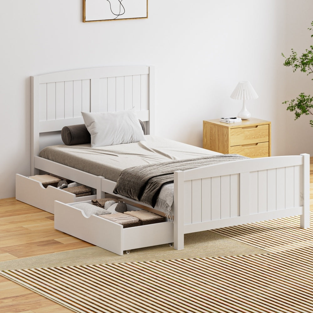 Oikiture Wooden Bed Frame King Single with Trundle Drawers White