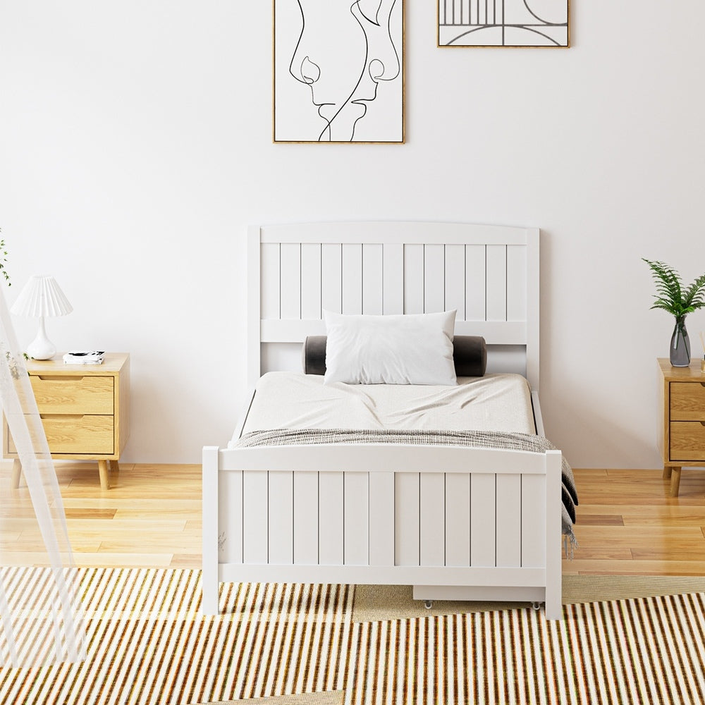 Oikiture Wooden Bed Frame King Single with Trundle Drawers White