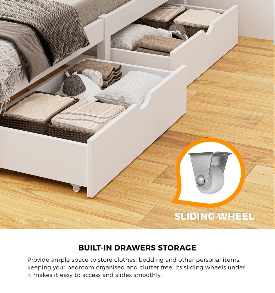 Oikiture Wooden Bed Frame King Single with Trundle Drawers White