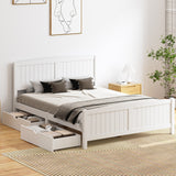 Oikiture Wooden Bed Frame Queen Size with Trundle Drawers White - Front View