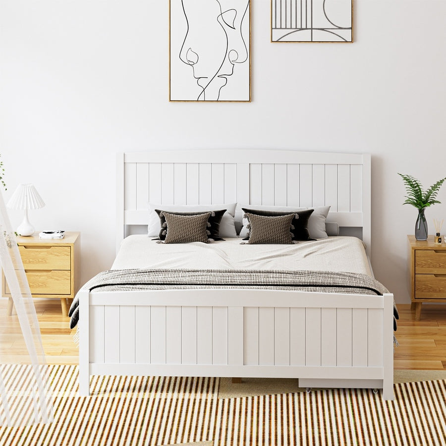 Oikiture Wooden Bed Frame Queen Size with Trundle Drawers White