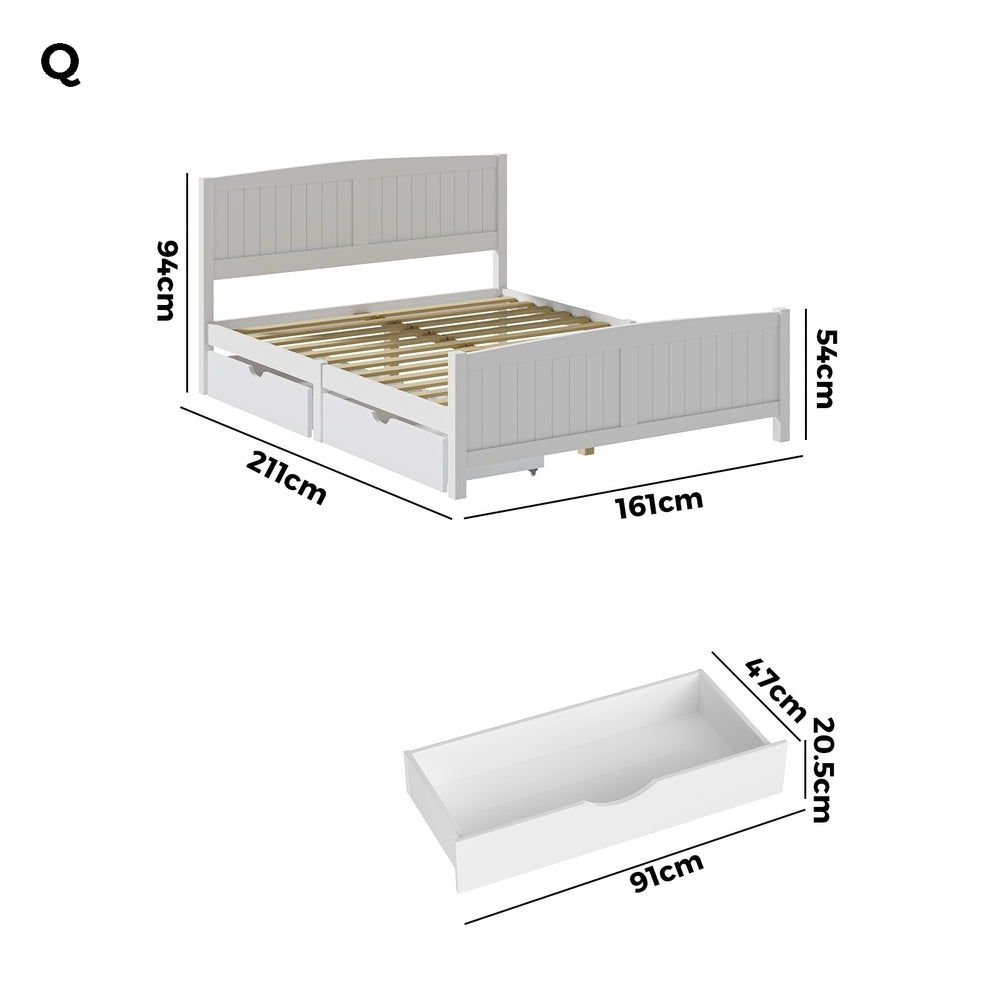 Oikiture Wooden Bed Frame Queen Size with Trundle Drawers White