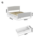 Oikiture Wooden Bed Frame Queen Size with Trundle Drawers White - Rear View
