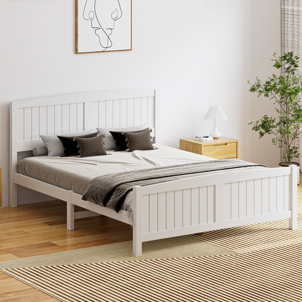 Oikiture Bed Frame Queen Size Timber Platform White
